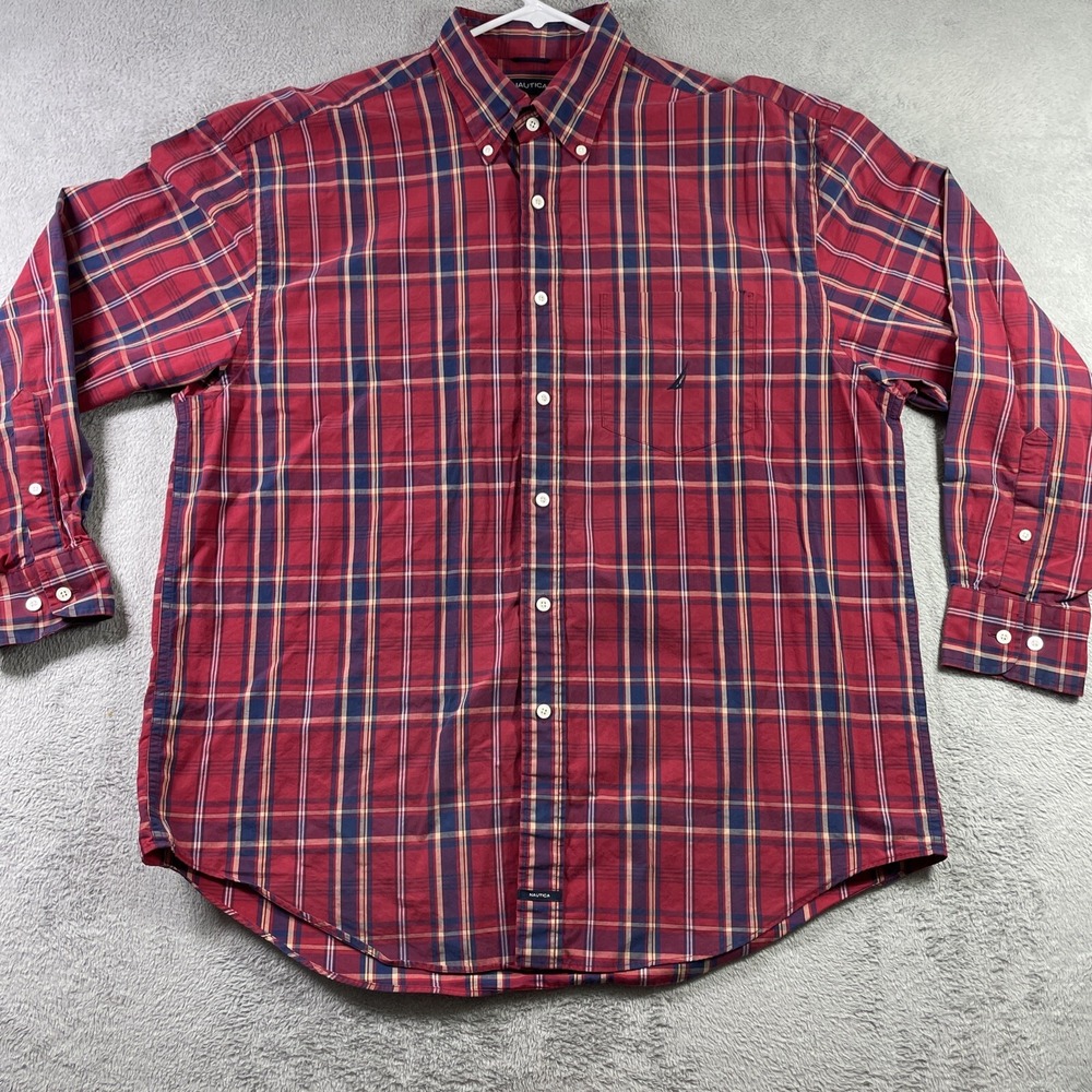 Nautica Sanded Poplin Shirt Men XL Red Plaid Long Sleeve Button Down Pocket Logo